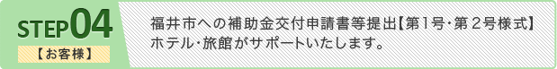 ステップ4 【お客様】福井市への補助金交付申請書等提出【第１号・第２号様式】
ホテル・旅館がサポートいたします。